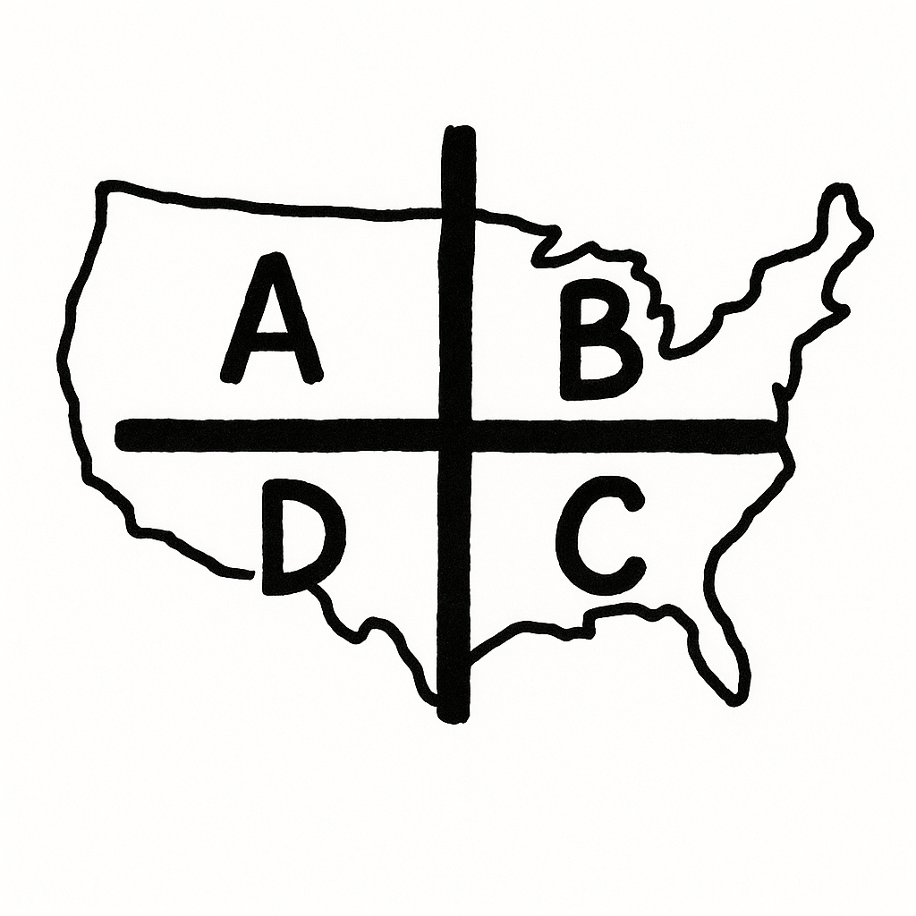 A rough hand-drawn blob of the United States with a big crosshair dividing it into four quarters labeled A, B, C, D.