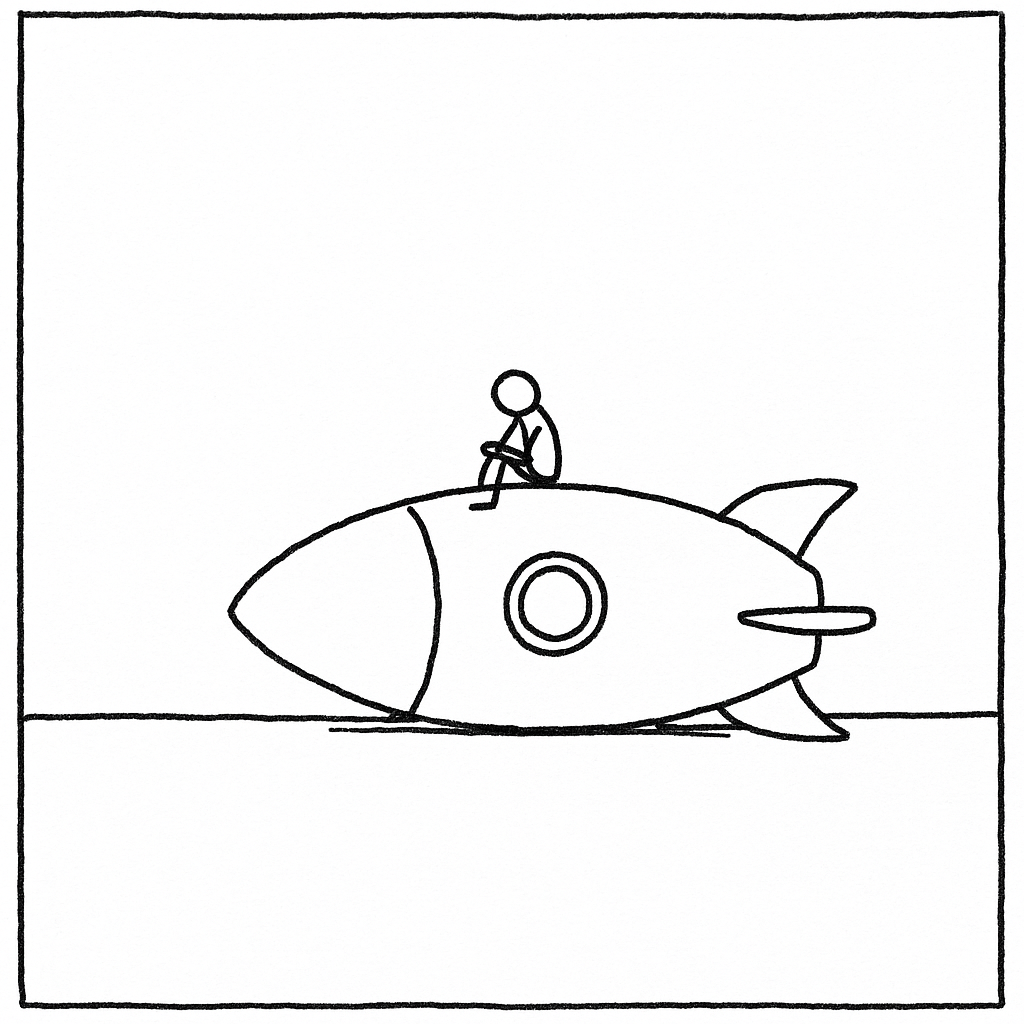 A rough hand-drawn stick figure sitting bored on top of a giant rocket, alone on an empty plain — the Northwest: lots of land, few people, but it's sitting on the missiles.