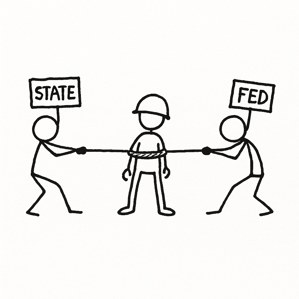 Two stick figures labeled STATE and FED play tug-of-war over a helmeted soldier tied at the waist — the National Guard's contested command.